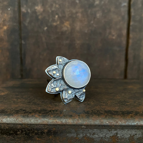 Lunar Bloom Ring with Rainbow Moonstone
