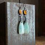 Galaxy Drop Earrings with Amazonite and Hessonite Garnet